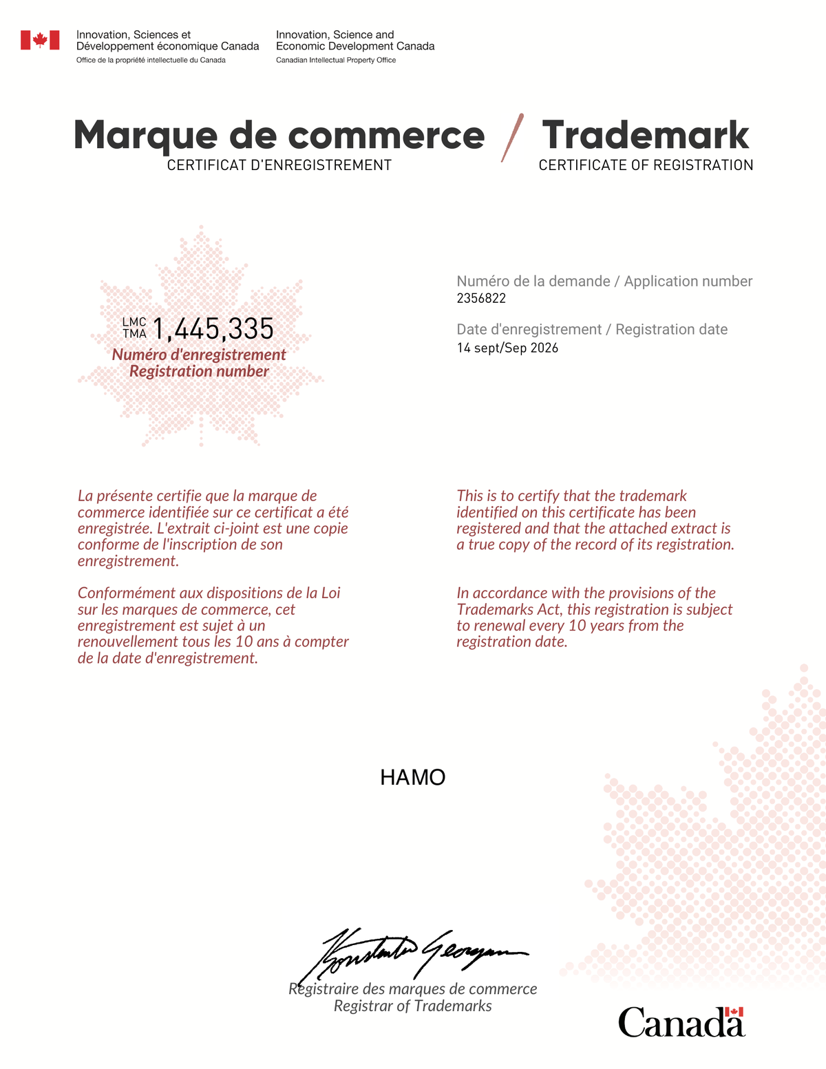 HAMO Is Now a Registered Trademark in Canada